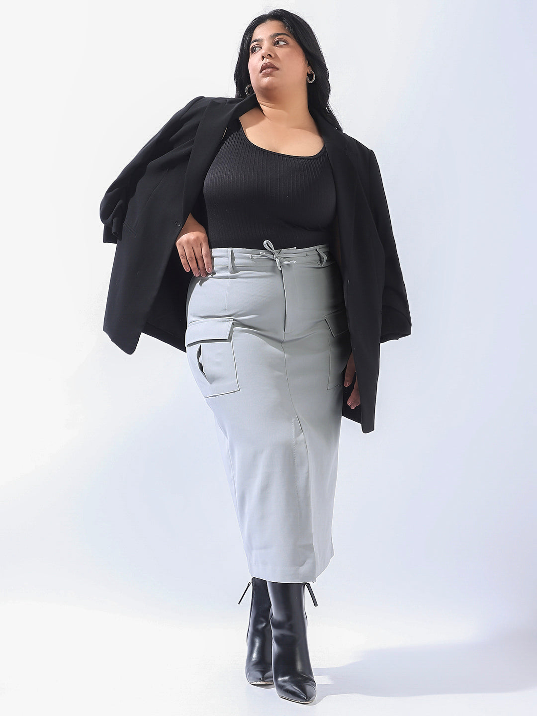 High Star Plus Size Women Midi Cargo Korean Front Slit Korean Skirt