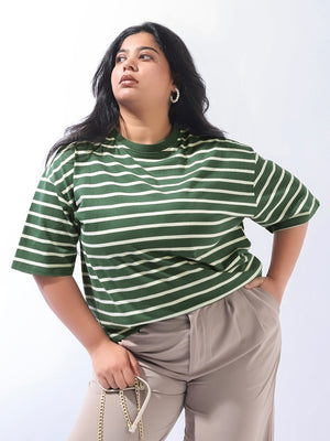 High Star Women Plus Stripes Oversized Fit Round Neck Half Sleeve Tshirts