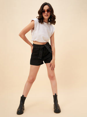 Women Black High-Rise Denim Shorts