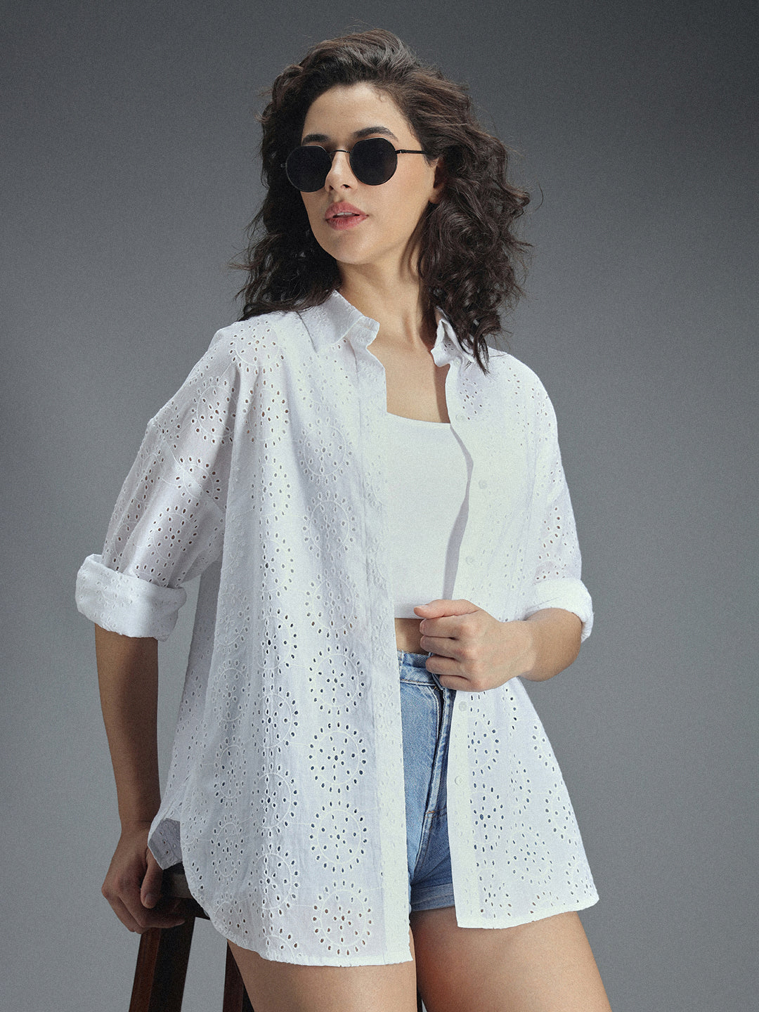 Classic Oversized Self Design Schiffli Pure Cotton Casual Shirt