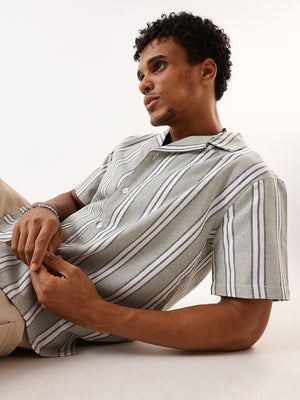 High Star Men Comfort Fit Vertical Striped Cuban Collar Casual Shirt