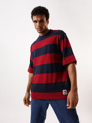 High Star Striped Round Neck Drop-Shoulder Sleeves Pure Cotton Oversized T-shirt