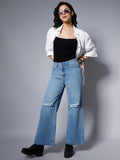 Women Blue Wide Leg High-Rise Slash Knee Jeans