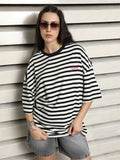 Women Striped Drop-Shoulder Sleeves Monochrome Embroidered T-shirt