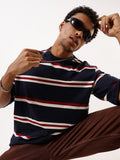High Star Men Striped Round Neck Pure Cotton Oversized T-shirt