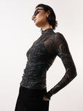Hubberholme Women Abstract Printed Net Ruched Top
