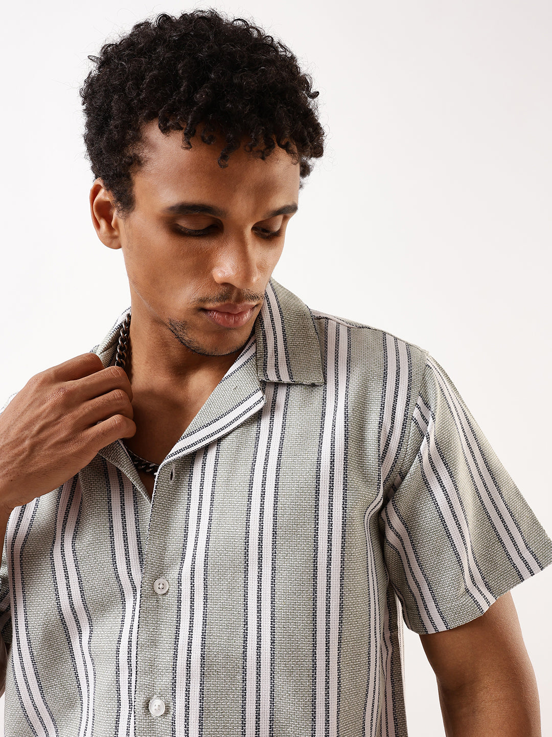 High Star Men Comfort Fit Vertical Striped Cuban Collar Casual Shirt