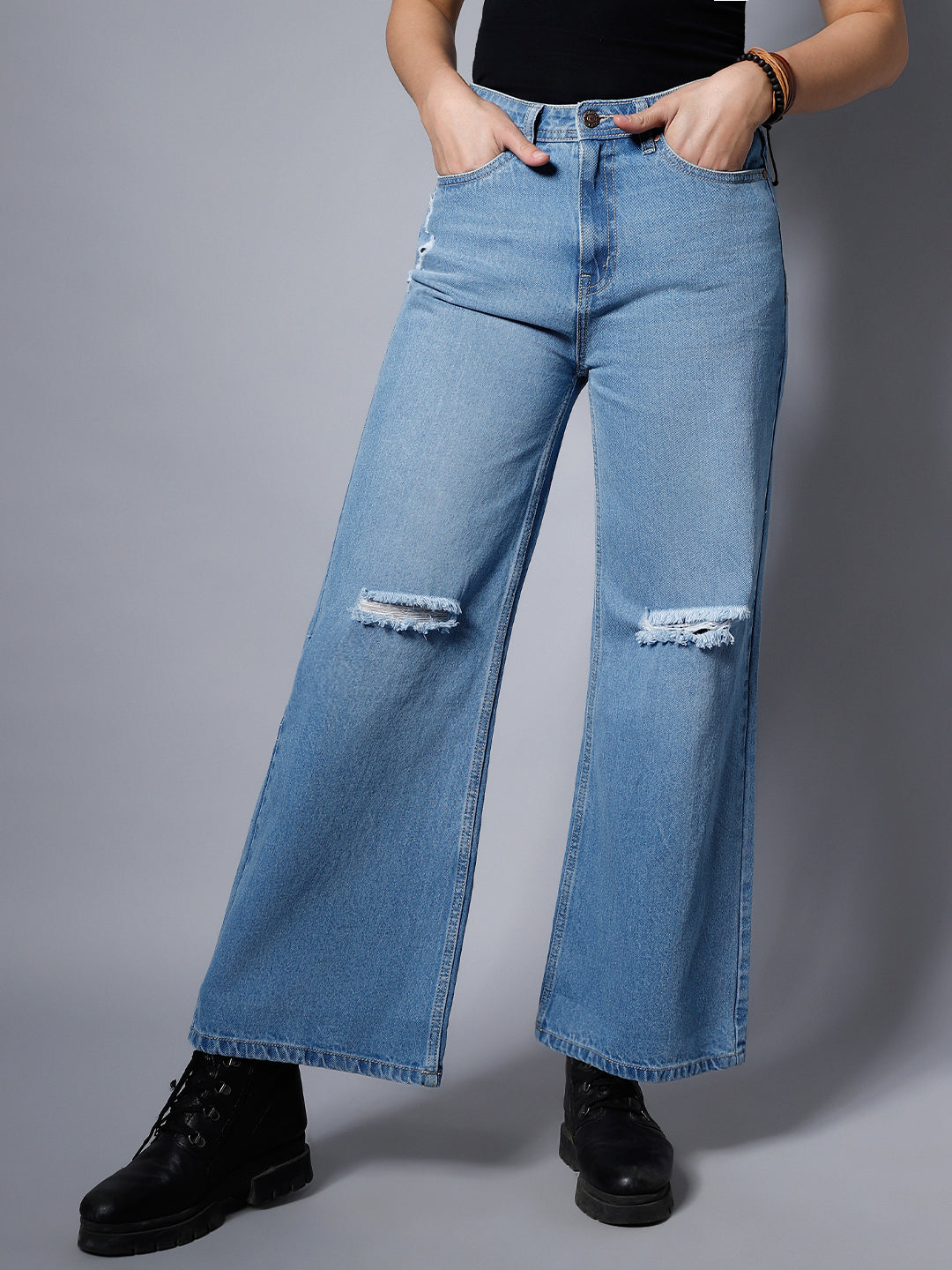Women Blue Wide Leg High-Rise Slash Knee Jeans
