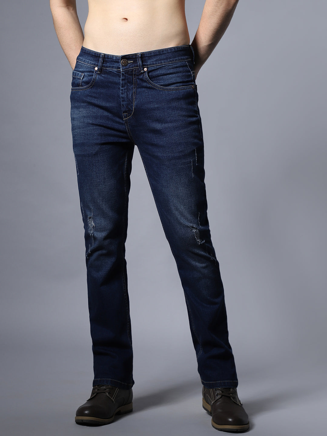 Men Regular Fit Mid Rise Mildly Distressed Stretchable Jeans