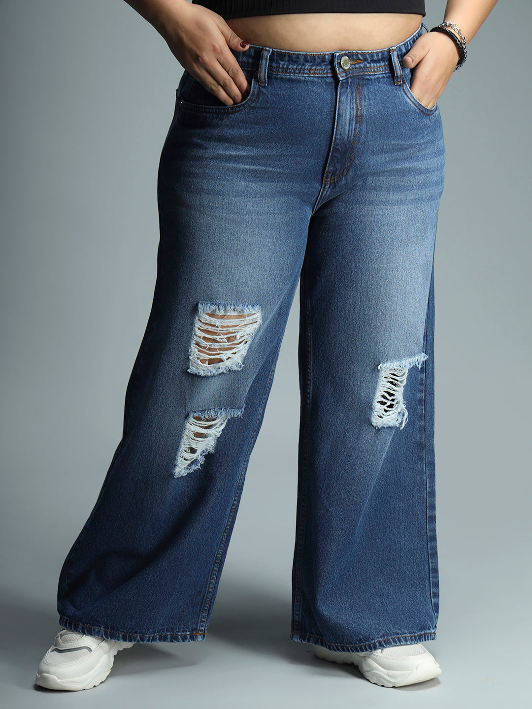 Women Wide Leg High-Rise Slash Knee Light Fade Stretchable Jeans