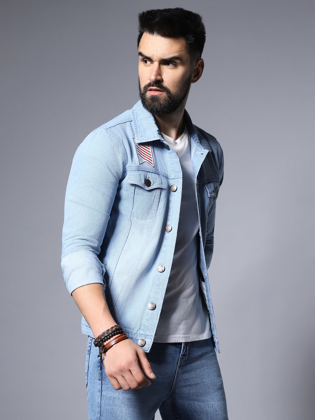Typography Printed Spread Collar Long Sleeves Denim Jacket