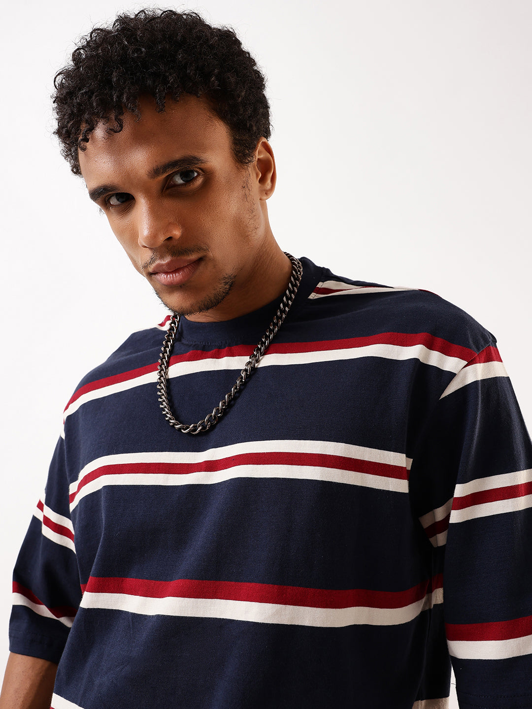 High Star Men Striped Round Neck Pure Cotton Oversized T-shirt