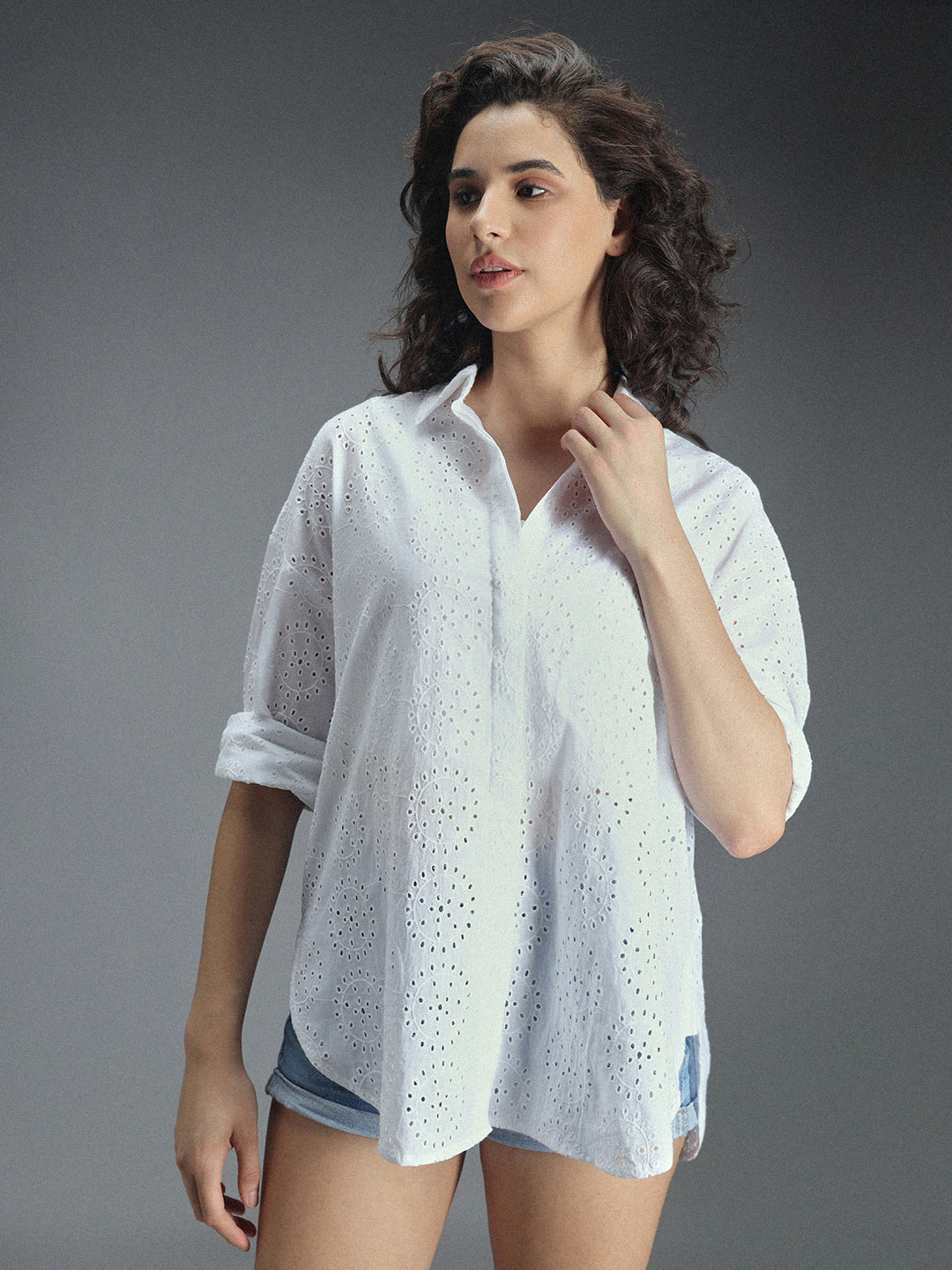 Classic Oversized Self Design Schiffli Pure Cotton Casual Shirt