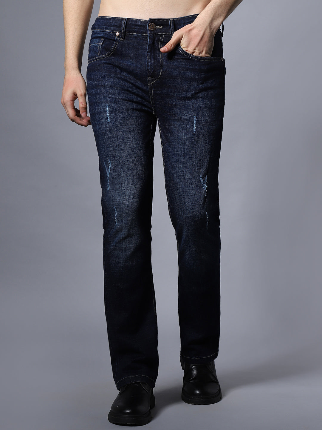 Men Wide Leg Low Distress Cat Scratches Mid-Rise Stretchable Jeans