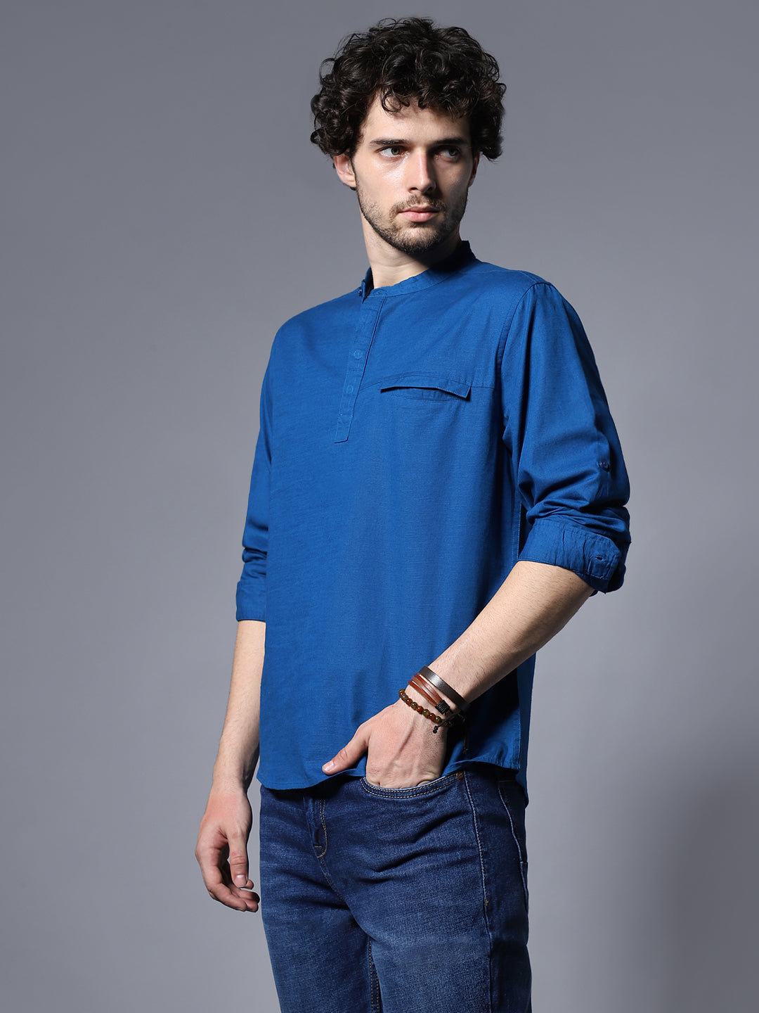 Classic Mandarin Collar Roll-Up Sleeves Pure Cotton Casual Shirt
