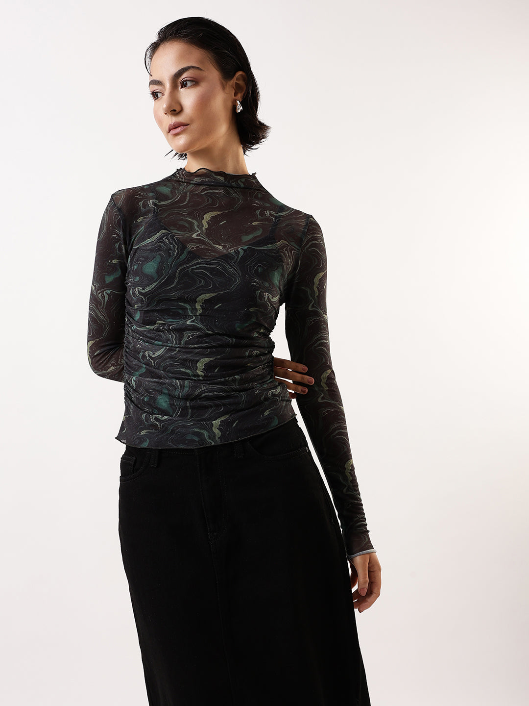 Hubberholme Women Abstract Printed Net Ruched Top