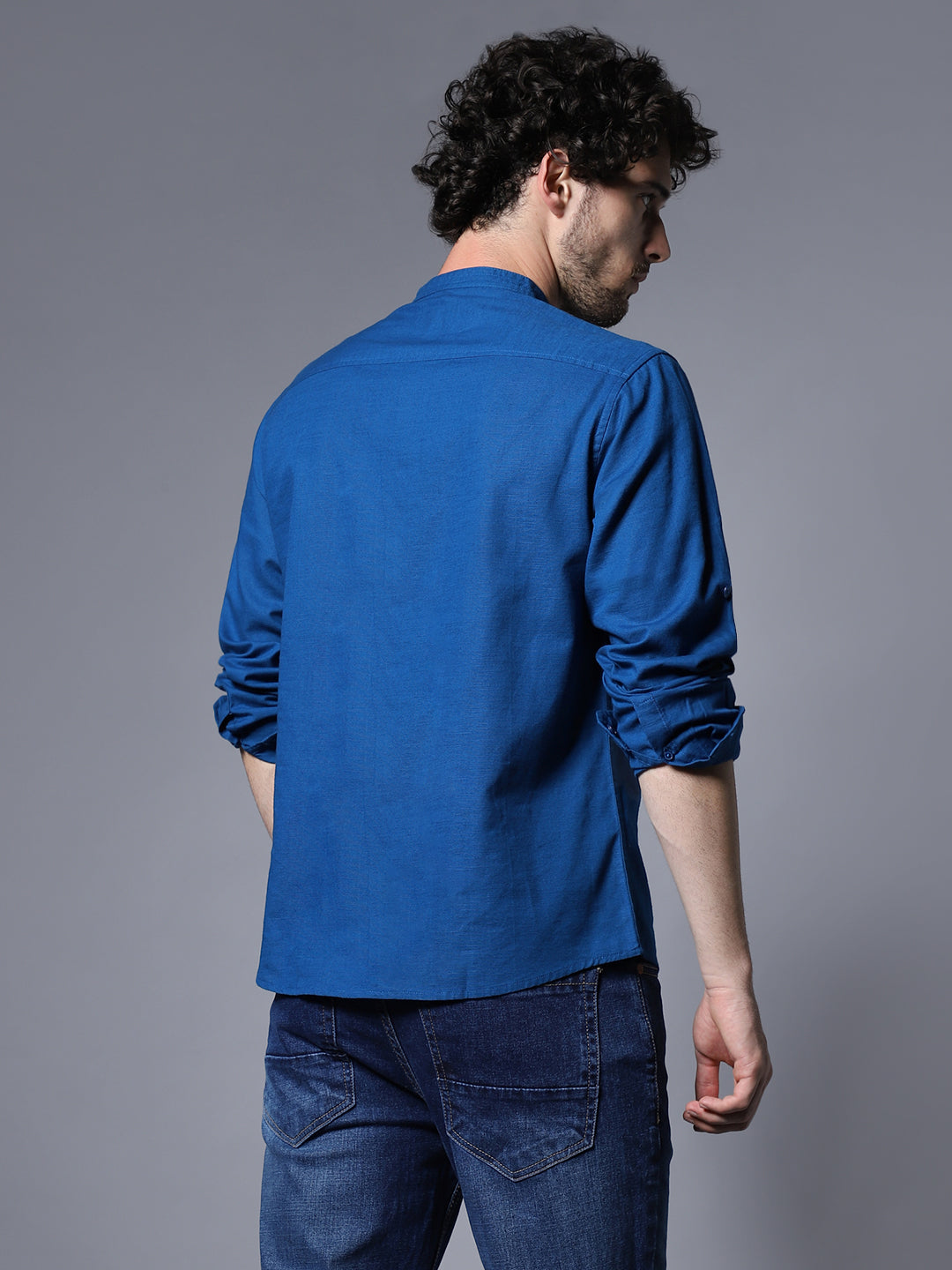 Classic Mandarin Collar Roll-Up Sleeves Pure Cotton Casual Shirt