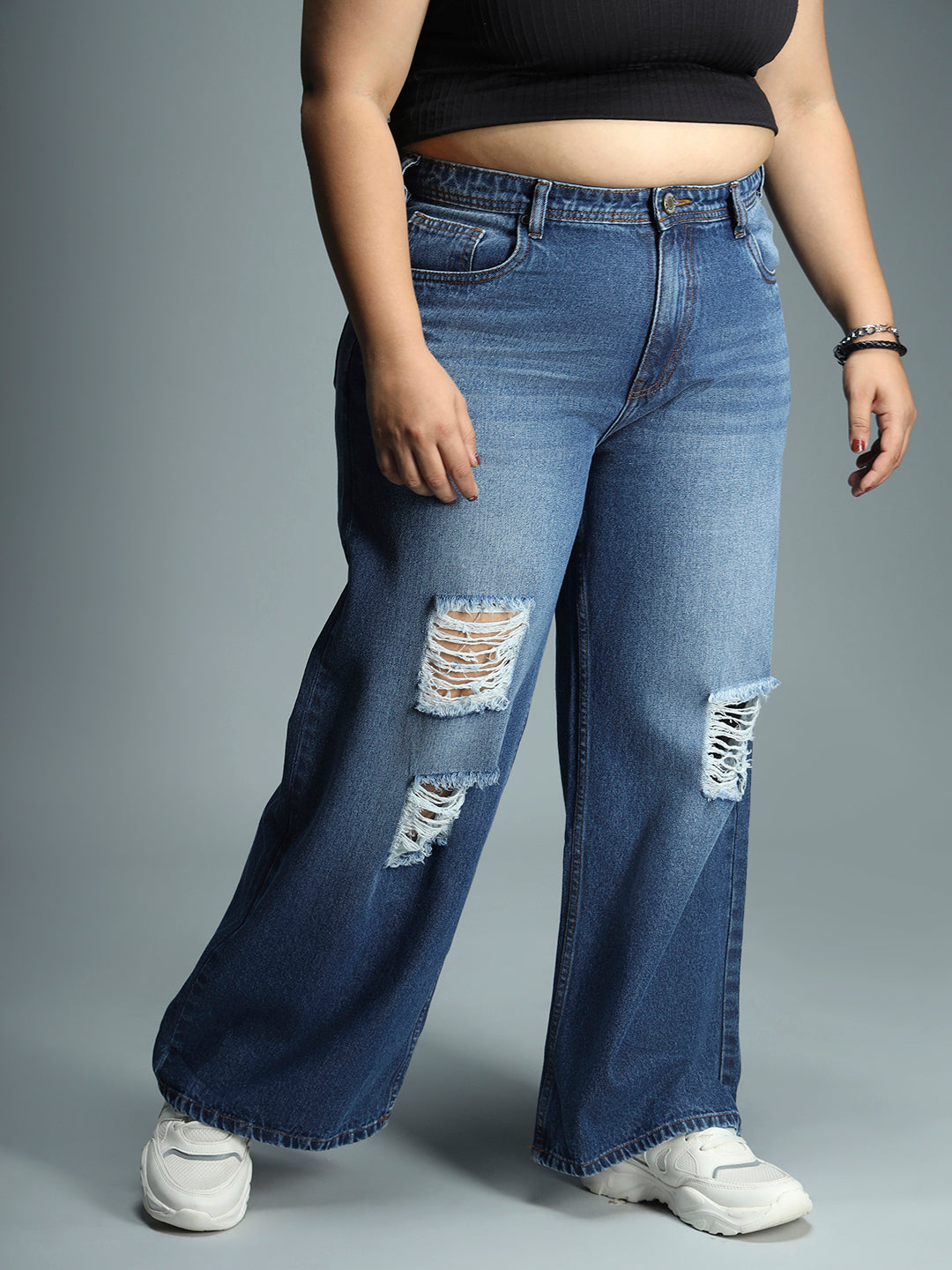 Women Wide Leg High-Rise Slash Knee Light Fade Stretchable Jeans