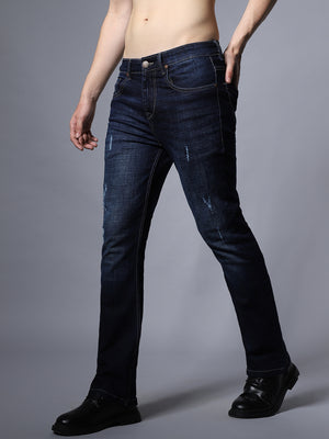 Men Wide Leg Low Distress Cat Scratches Mid-Rise Stretchable Jeans