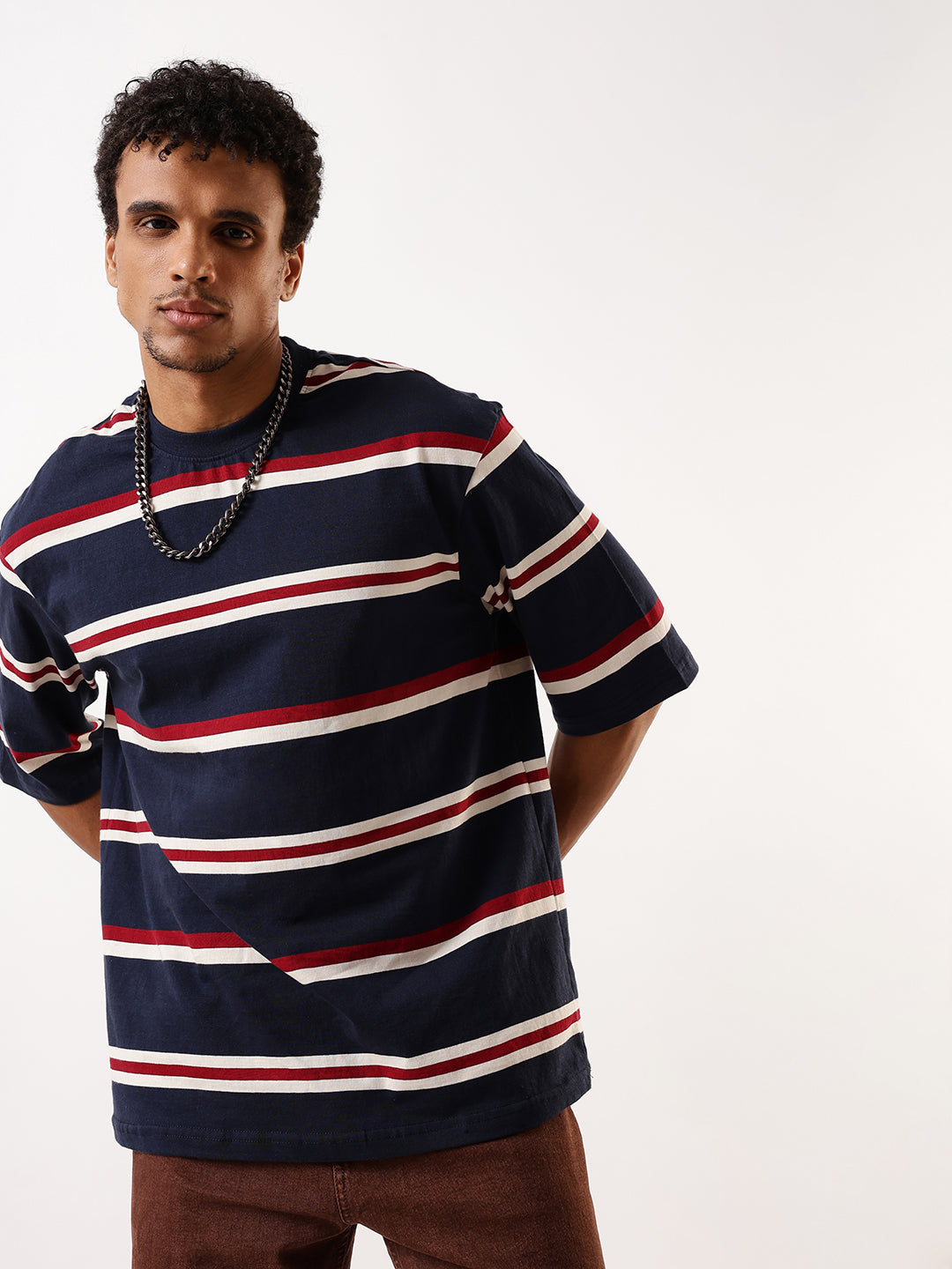 High Star Men Striped Round Neck Pure Cotton Oversized T-shirt
