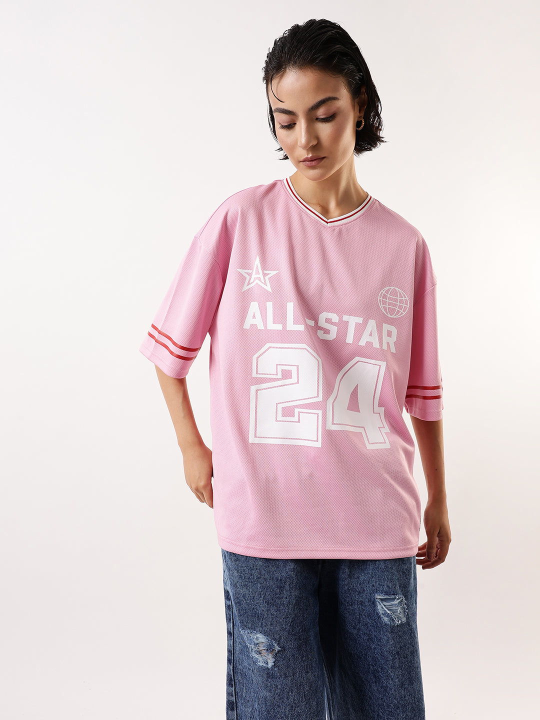 Hubberholme Typography Printed V-Neck Oversized T-shirt