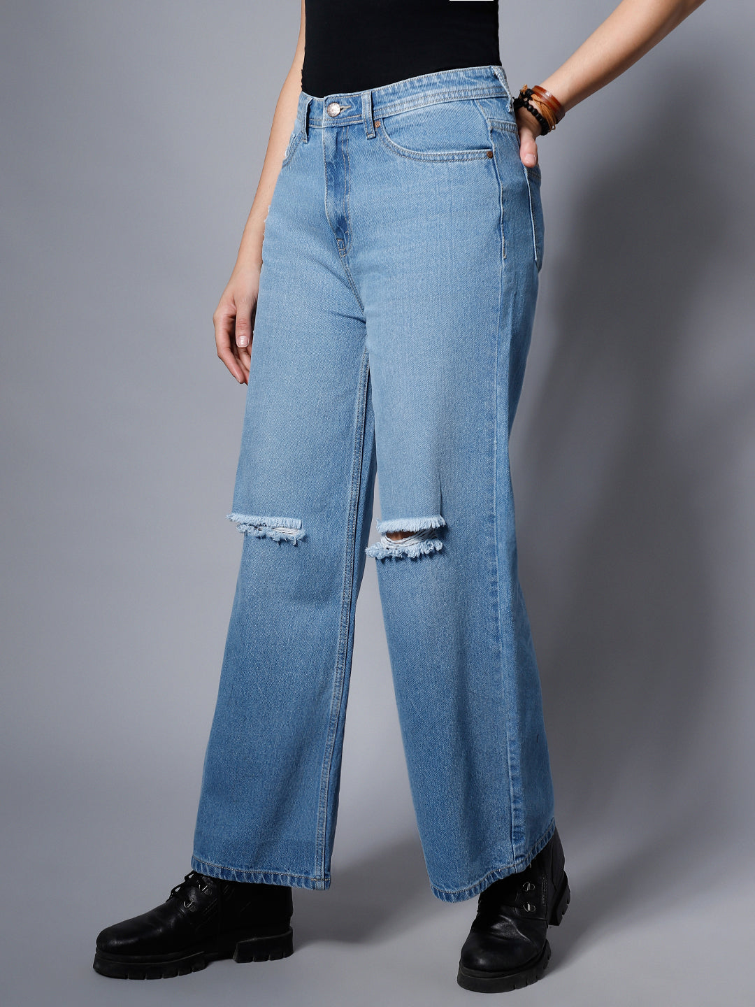 Women Blue Wide Leg High-Rise Slash Knee Jeans