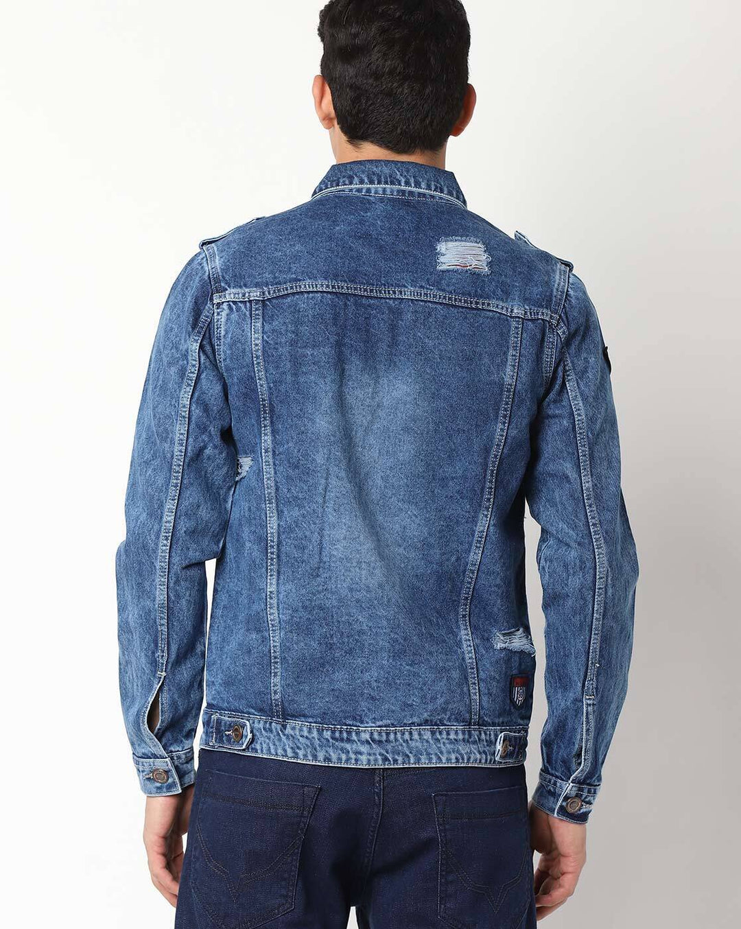 Washed Spread Collar Long Sleeves Shoulder Tabs Denim Jacket