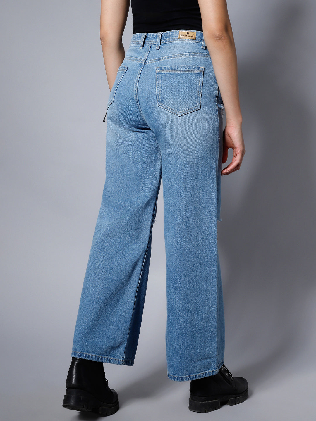 Women Blue Wide Leg High-Rise Slash Knee Jeans