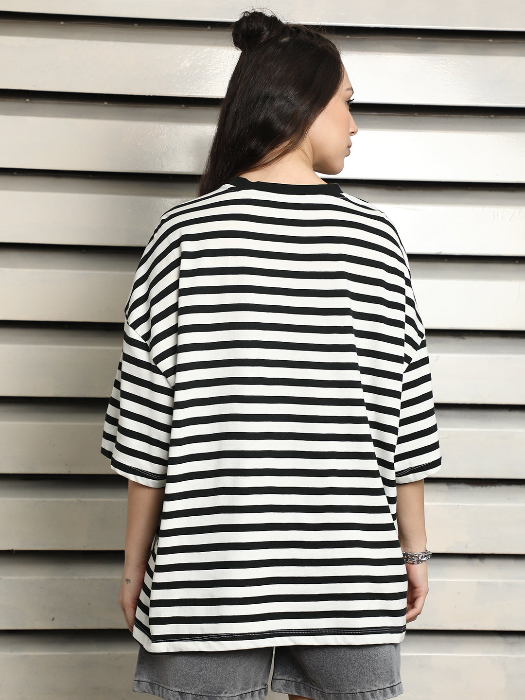 Women Striped Drop-Shoulder Sleeves Monochrome Embroidered T-shirt