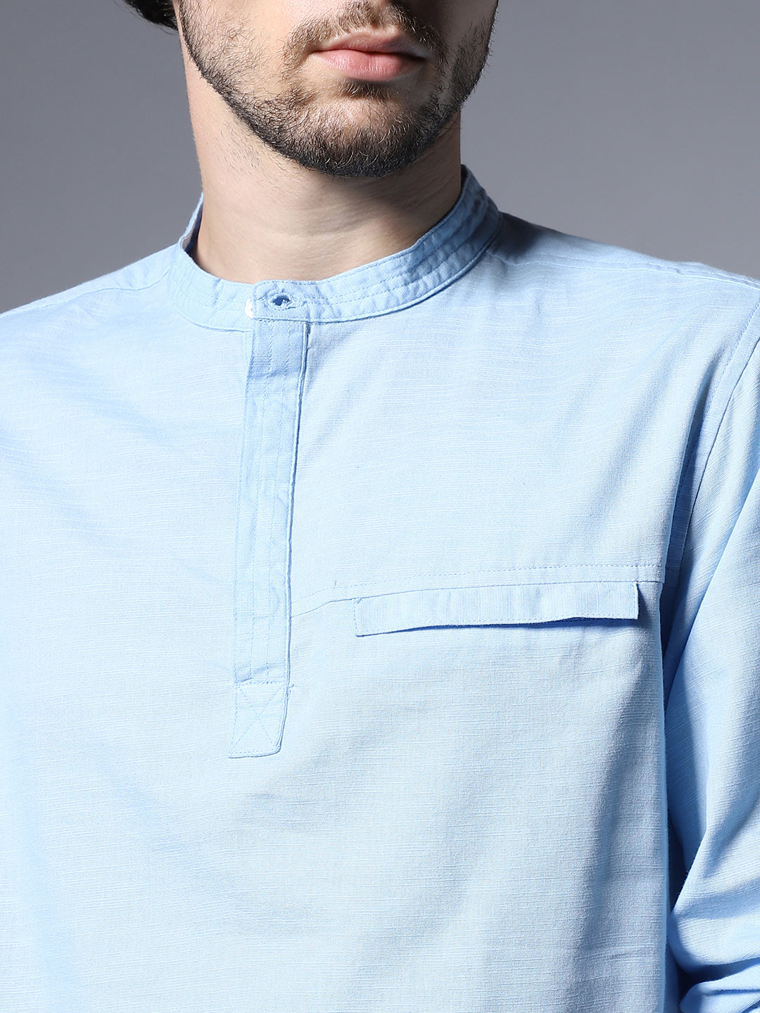 Classic Mandarin Collar Roll-Up Sleeves Pure Cotton Casual Shirt
