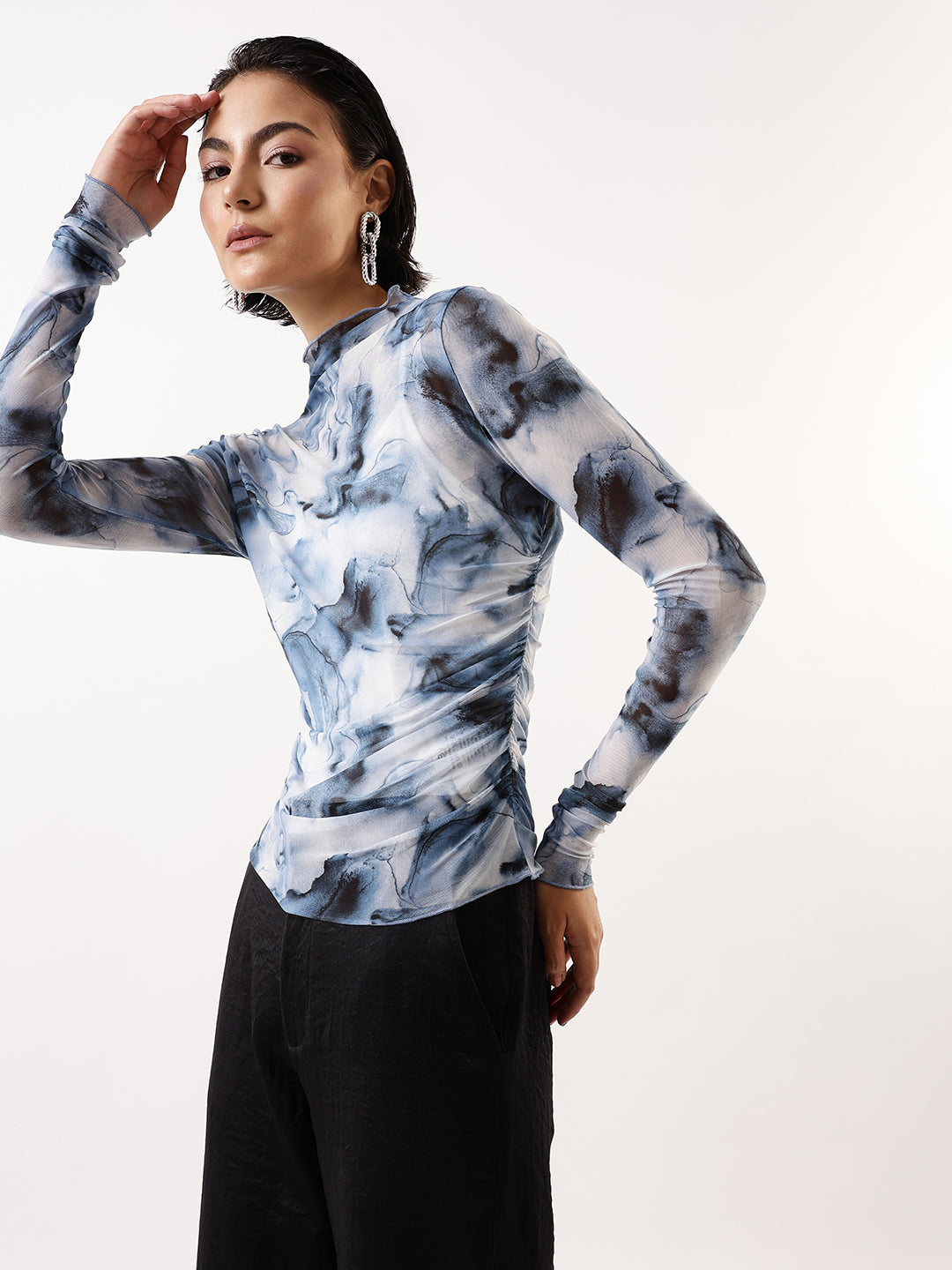 Hubberholme Women Abstract Printed Net Ruched Top