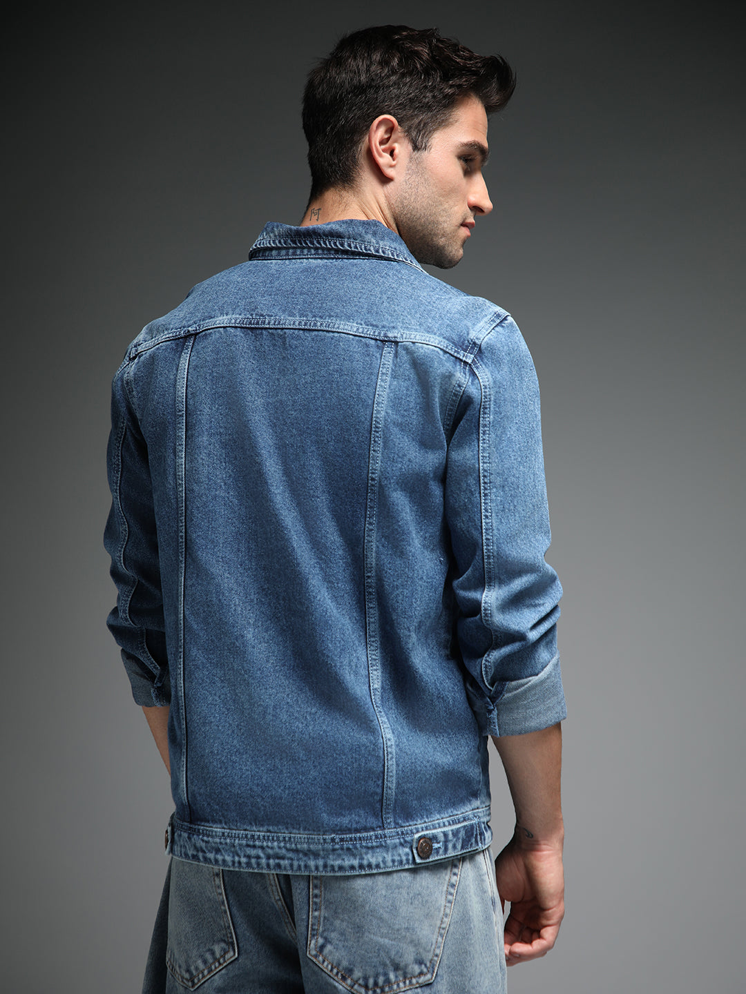 Washed Spread Collar Long Sleeves Cotton Denim Jacket