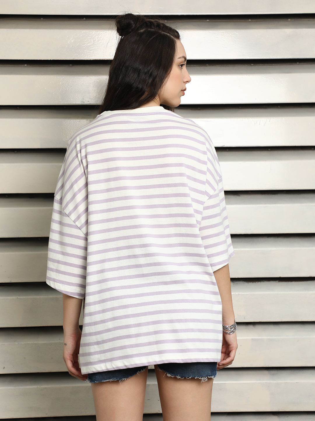 Striped Round Neck Drop-Shoulder Sleeves Cotton Oversized T-shirt