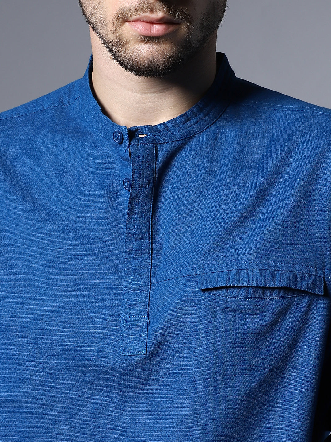Classic Mandarin Collar Roll-Up Sleeves Pure Cotton Casual Shirt