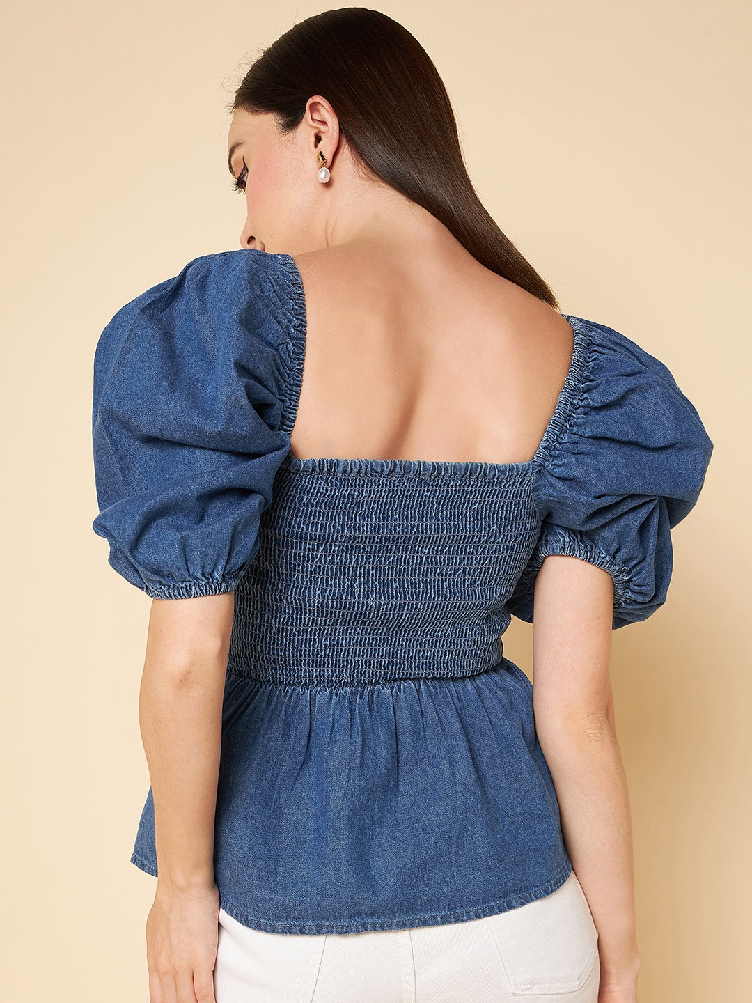 Square Neck Puff Sleeves Smocked Denim Pure Cotton Peplum Top