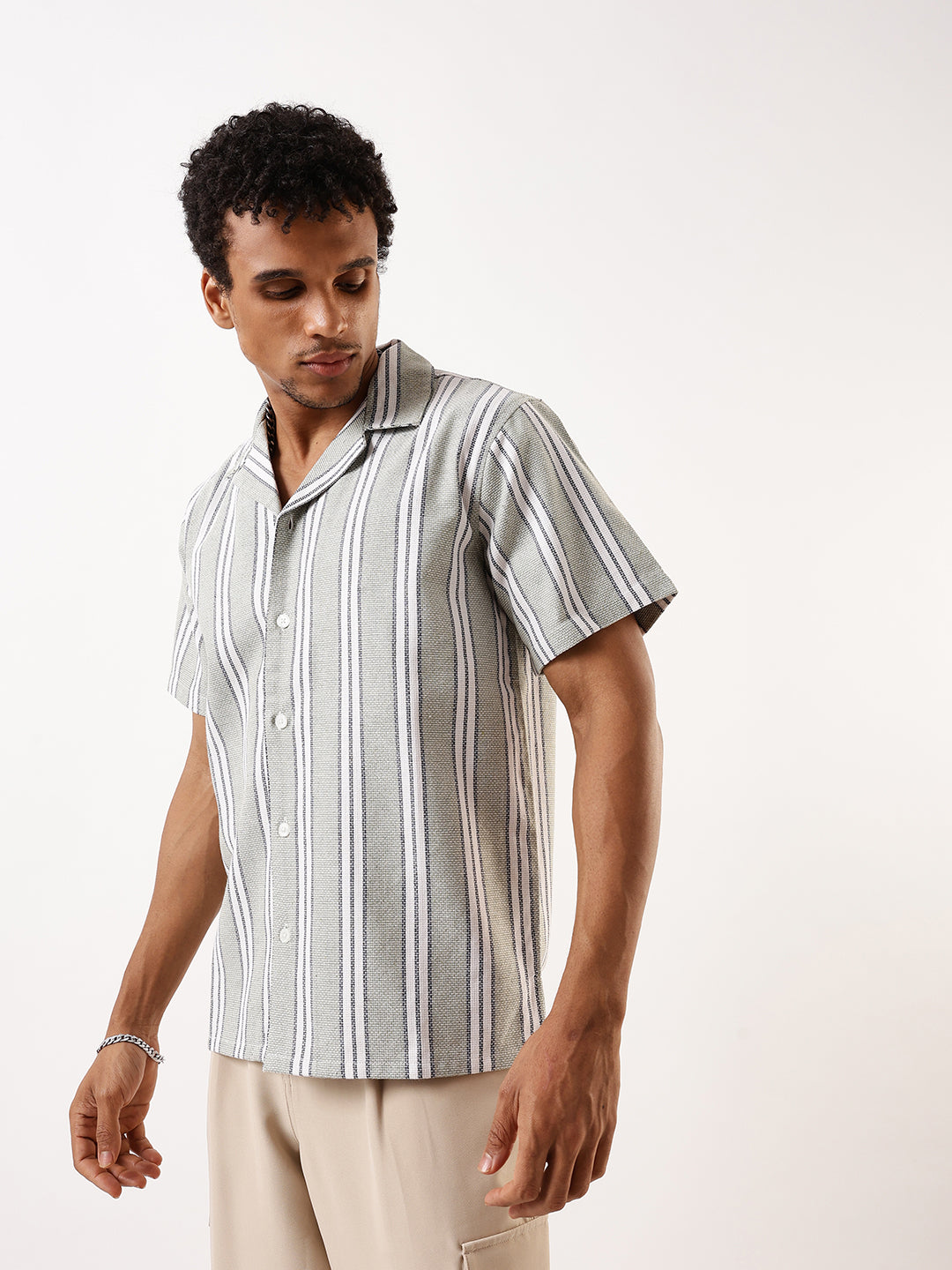 High Star Men Comfort Fit Vertical Striped Cuban Collar Casual Shirt