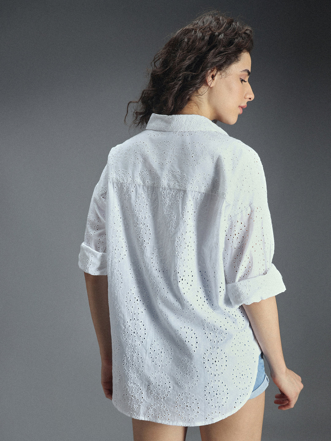 Classic Oversized Self Design Schiffli Pure Cotton Casual Shirt