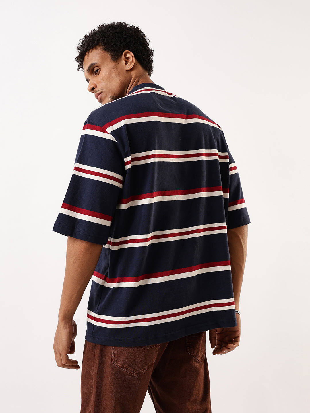 High Star Men Striped Round Neck Pure Cotton Oversized T-shirt