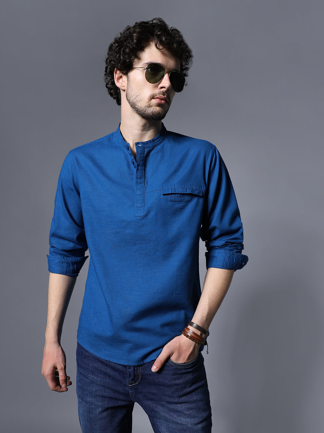 Classic Mandarin Collar Roll-Up Sleeves Pure Cotton Casual Shirt