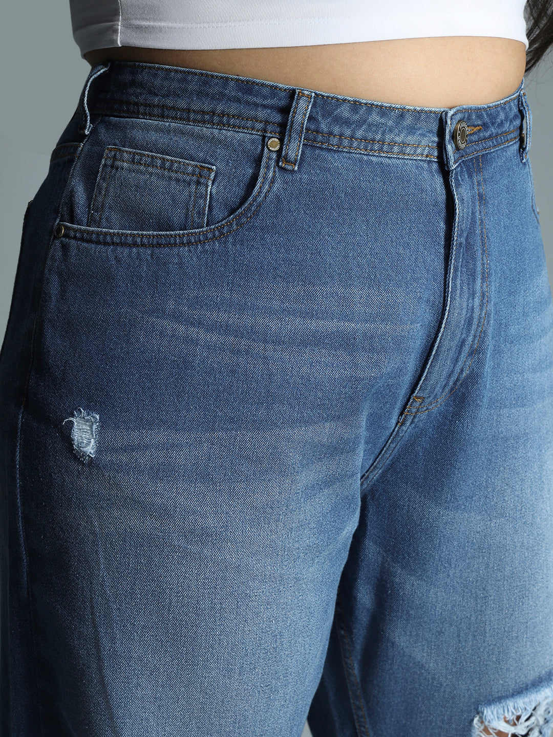 Women Plus Size Mom Fit Ripped High-Rise Pure Cotton Jeans