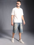 Men Washed Mid-Rise Distressed Cotton Denim Shorts