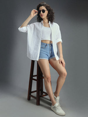 Classic Oversized Self Design Schiffli Pure Cotton Casual Shirt