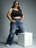 Women Wide Leg High-Rise Slash Knee Light Fade Stretchable Jeans