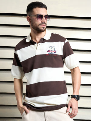 Men Cotton Short Sleeves Polo neck Striped  Regular Fit Tshirt
