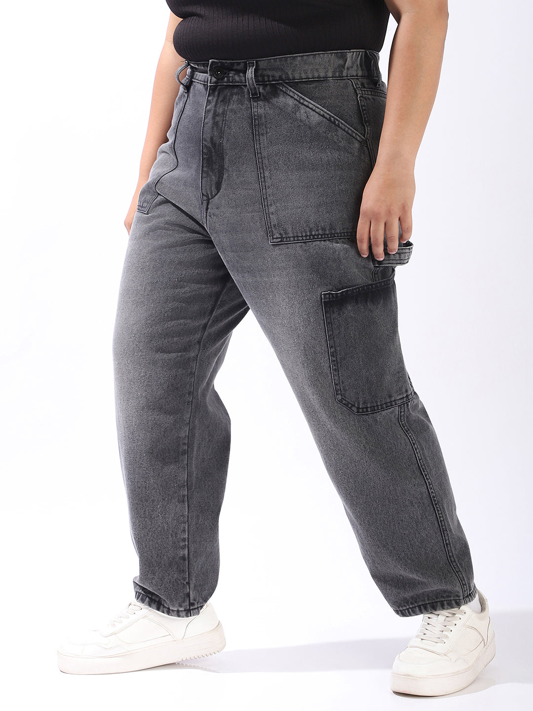 High Star Women Relaxed Mom Fit Carpentar Cargo High-Rise Jeans