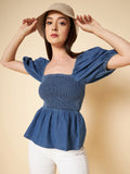 Square Neck Puff Sleeves Smocked Denim Pure Cotton Peplum Top