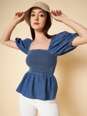 Square Neck Puff Sleeves Smocked Denim Pure Cotton Peplum Top