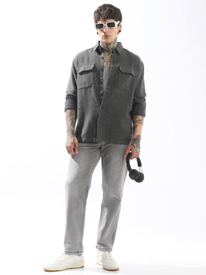 Hubberholme Men Spread Collar Cotton Textured Double Pocket Utility Casual Shirt