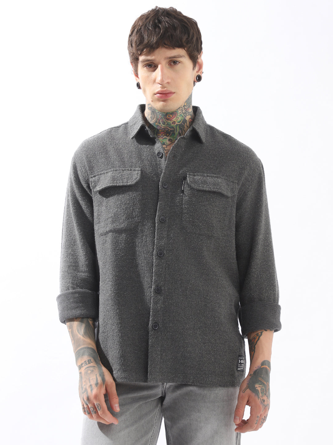 Hubberholme Men Spread Collar Cotton Textured Double Pocket Utility Casual Shirt