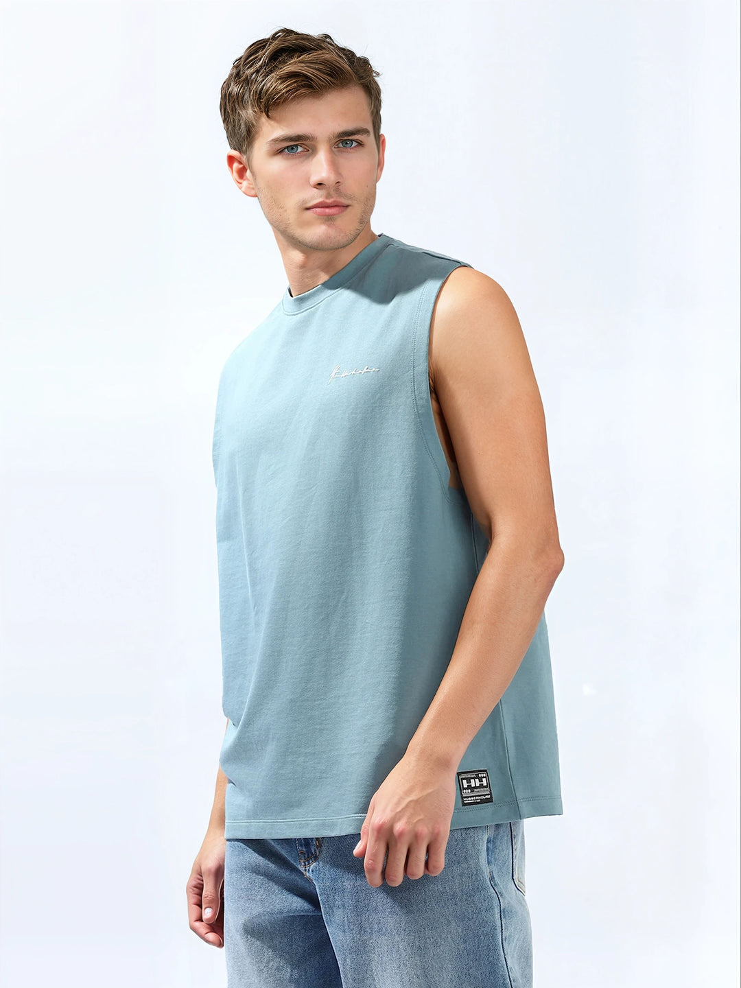 Hubberholme Men Cotton Solid Oversized Crew Neck No Sleeves Tshirts